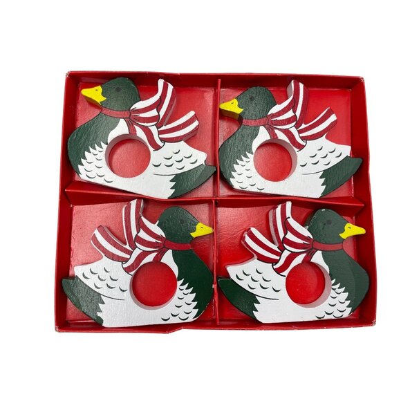Set Of 4 Vintage Wooden Duck Napkin Rings With Red White Striped Scarves - Picture 5 of 11